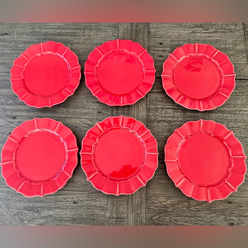 Set of 6 Loucarte Red Ceramic Scalloped Salad 8.25" Plates